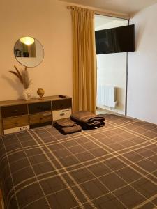 um quarto com uma cama, uma cómoda e uma televisão em Confortable et agréable T1 n 2 em Ussel