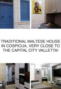un collage de trois photos d'une chambre d'hôtel dans l'établissement TOP RATED Traditional Maltese house close to Valletta RARE FIND, à Cospicua