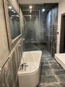 een badkamer met een bad, een douche en een wastafel bij City Center Panorama apartment in Kaunas
