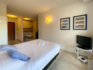 a bedroom with a bed and a flat screen tv at Les Terrasses 2Pers Parking WiFi in Roquebrune-Cap-Martin