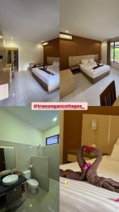 three pictures of a hotel room with a snake on a bed at Trawangan Cottages in Gili Trawangan