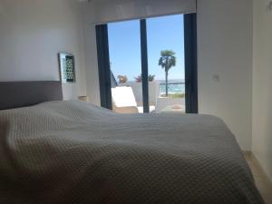um quarto com uma cama e vista para o oceano em Beachfront penthouse with sunroof em Arenales del Sol
