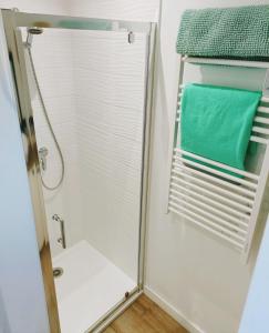 eine Dusche mit einem Spiegel und einem Handtuch in der Unterkunft Maison de vacances 2 chambres plages lac à 600m proche Dune du Pilat Océan dans propriété privée in Sanguinet
