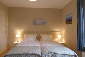 sypialnia z dużym łóżkiem z 2 lampami w obiekcie Le Verger du Patagon w mieście Rofessart
