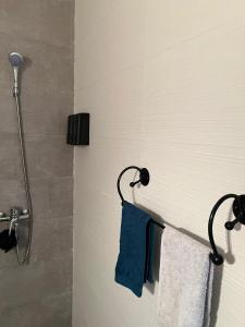 bagno con doccia e asciugamano blu di Appartement Irena neuf à 5 min de la plage a Saïdia