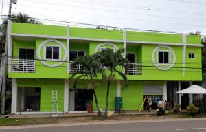 a green building with a palm tree in front of it at CoombsGuestHouse in Siquijor