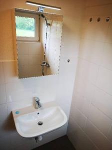 ein Bad mit einem Waschbecken und einem Spiegel in der Unterkunft Chata u jeskyně Mladeč 