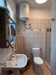 łazienka z toaletą i umywalką w obiekcie Plateia sea view loft w mieście Samos