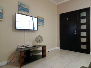 a living room with a flat screen tv on a wall at Choose To Be Happy at Brompton Estates - One and Two Bedroom with Pool in Kingston
