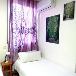 1 dormitorio con cortina púrpura y 2 camas en Guest House Éxito en Madrid, en Madrid