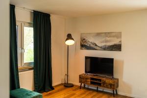 a living room with a flat screen tv next to a window at Die entspannendste Wohnung am Edersee - SPA Sauna in Giflitz