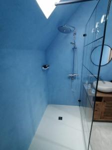 Le Temps Serein في Vabre-Tizac: حمام ازرق مع دش ومغسلة
