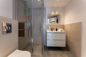 W łazience znajduje się prysznic, toaleta i umywalka. w obiekcie Apartamenty Geiger w mieście Witów