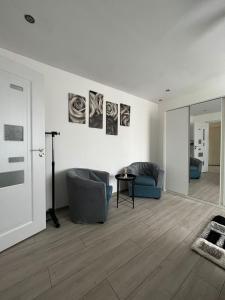 a living room with two chairs and a mirror at Karlsburg Studio in Alba Iulia