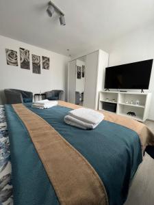 a bedroom with a bed with a blue blanket and a flat screen tv at Karlsburg Studio in Alba Iulia