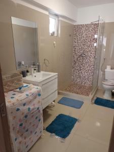 a bathroom with a shower and a sink and a toilet at Sunny Blue Studio in Mamaia Sat/Năvodari