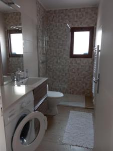 a bathroom with a toilet and a sink and a washing machine at Casa da Fonte 