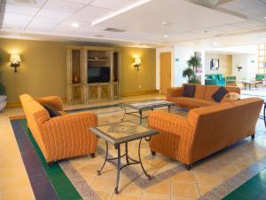 a lobby with couches and tables and a television at Holiday Inn Express Torreon, an IHG Hotel in Torre&oacute;n