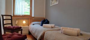 Un dormitorio con dos camas y una silla y una ventana. en Ai Grisi, en Cavalese