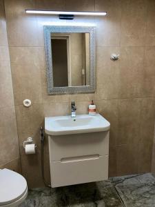 a bathroom with a sink and a mirror and a toilet at Kohtu Apartment Cozy in Kuressaare