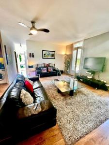 Una sala de estar con un sofá de cuero y un televisor. en Holiday house in the city-center of Antibes with a private pool, en Antibes