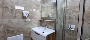 a bathroom with a sink and a shower at AAA Apartment in Berat