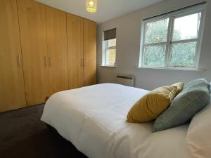 ein Schlafzimmer mit einem weißen Bett mit zwei Kissen darauf in der Unterkunft Surrey Docks SE16 near Canada Water n Easy Access Canary Wharf in London