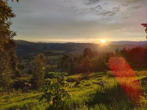 a view of the sunset from a hill with trees at Posada Campestre Macadamia in Paipa