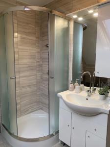 uma casa de banho com um chuveiro e um lavatório. em Judit Apartments em Hévíz