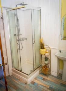 a shower stall in a bathroom with a sink at Cae Glas in Penmaen-mawr +32 photos