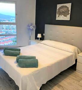 プラヤ・デ・ラス・アメリカスにあるBrisa marina en Playa de las Americasのベッドルーム1室(白い大型ベッド1台、緑の枕2つ付)