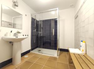 a bathroom with a shower and a sink and a toilet at Plaza de España - Family House in Seville