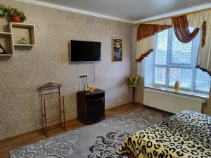 um quarto com uma cama e uma televisão de ecrã plano em Новобудова Центр Либiдь Плаза em Khmelnytskyi