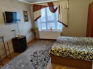 1 dormitorio con 1 cama y TV de pantalla plana en Новобудова Центр Либiдь Плаза, en Khmelʼnytsʼkyy