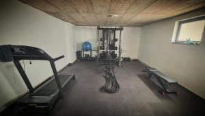 een fitnessruimte met twee loopbanden en een blauwe ballon bij Villa Sunset in Guia
