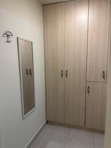 ein Badezimmer mit Holzschränken und einem Spiegel in der Unterkunft Porphyra Studio in Chalki