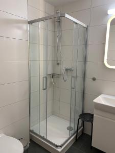 a shower with a glass door in a bathroom at Yachthafenresidenz-Wohnung-7201-838 in Kühlungsborn