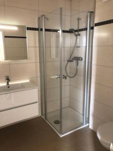 eine Dusche mit Glastür im Bad in der Unterkunft Yachthafenresidenz - Wohnung 8312 / 864 in Kühlungsborn