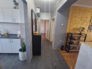 a kitchen and living room with white cabinets at Aparmani Djuric in Subotica