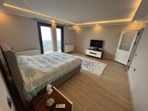 1 dormitorio con 1 cama grande y TV en Villa Nature, en Trabzon