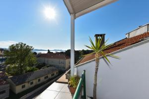 a view from the balcony of a white building with a palm tree at APARTMENT MEMORY in Zadar