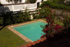 a swimming pool in a yard with flowers at Villa América Chalet Independiente con Piscina en Urbanización Roche Conil Cádiz Andalucía España in Roche
