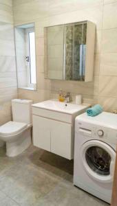 y baño con aseo y lavadora. en Nicely furnished 1 bedroom apartment in Gzira en Il-Gżira