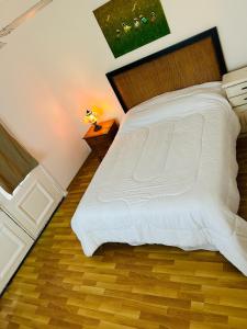 sypialnia z dużym białym łóżkiem i drewnianą podłogą w obiekcie Sol Palermo, Amplio departamento con terraza en zona La Rural, Embajada y Bosques w BuenosAires
