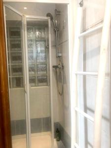 eine Dusche mit Glastür im Bad in der Unterkunft AUX DEUX CIGOGNES AMMERSCHWIHR in Ammerschwihr