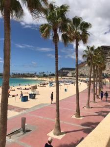 a beach with palm trees and a crowd of people at koka vacations 308 Playa del inglés in San Bartolomé de Tirajana