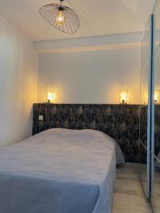 Un dormitorio con una cama grande y una lámpara de araña. en Appartement pieds dans l’eau Vue Mer Bormes Les Mimosas, en Bormes-les-Mimosas