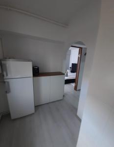 a white kitchen with a refrigerator and a table at Studio ANA in Făgăraş +3 photos