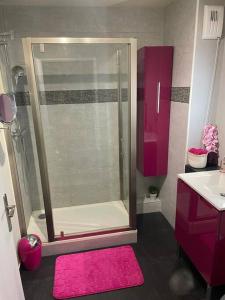een badkamer met een douche en een roze tapijt bij La Clef du Bonheur - 9 Min de Disney Jardin privatif in Bailly-Romainvilliers