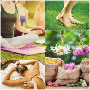 a collage of pictures of a woman doing yoga at Wiedźminowo in Włodawa
